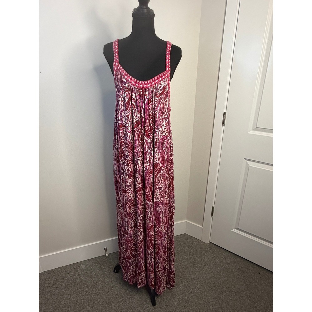 Lucky Brand Women's‎ 3X Paisley Maxi Dress Pink Red Boho Embroidered Sleeveless